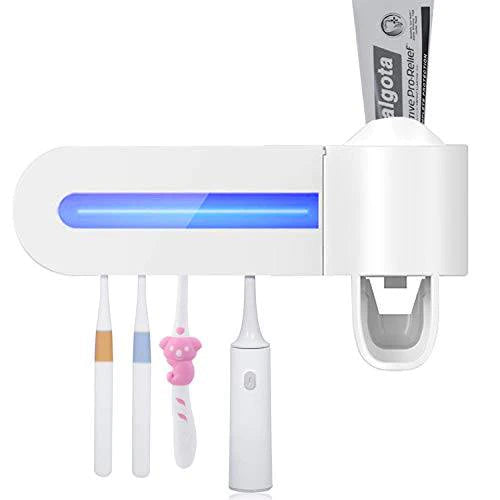 Suport pentru periuțe de dinți 3 în 1 – sterilizator antibacterian cu lumină ultraviolete, suport 4 periuțe și dispenser pastă de dinți