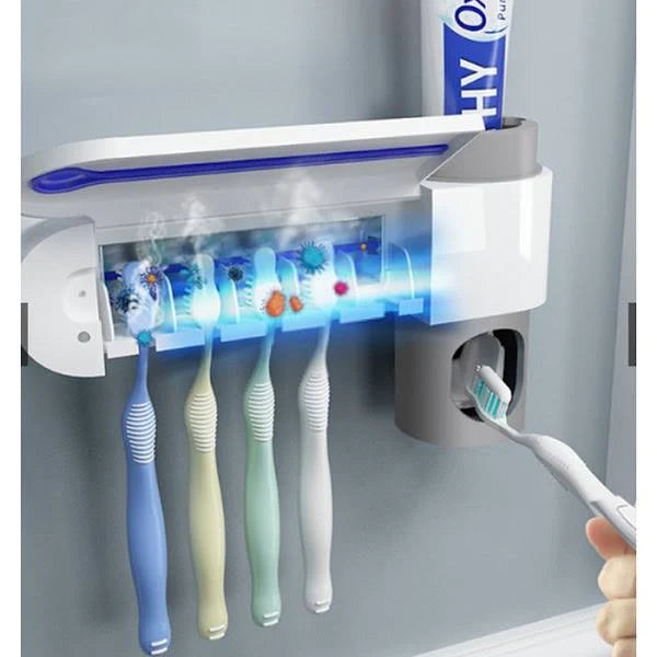Suport pentru periuțe de dinți 3 în 1 – sterilizator antibacterian cu lumină ultraviolete, suport 4 periuțe și dispenser pastă de dinți
