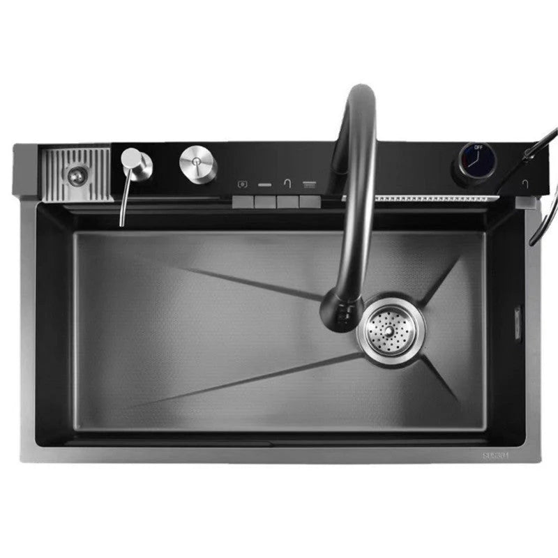 Chiuvetă multifuncțională cu 2 cascade, accesorii incluse, afișaj digital al temperaturii și robinet cascadă – Negru/Grafit, 790x500mm