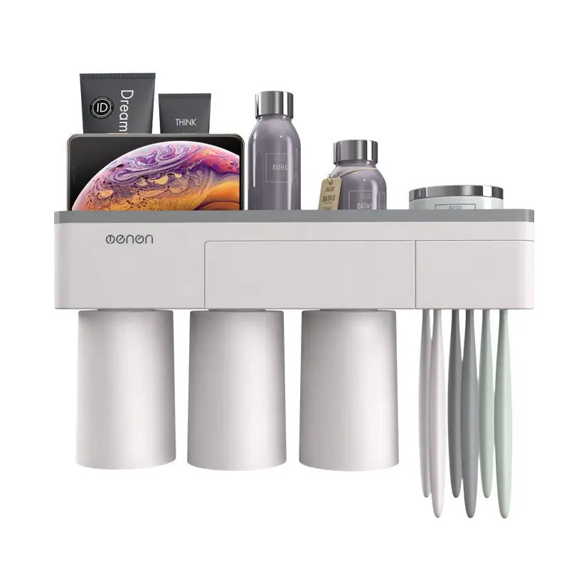 Suport organizator dispenser pentru baie – 3 pahare + suport telefon + 6 periuțe de dinți
