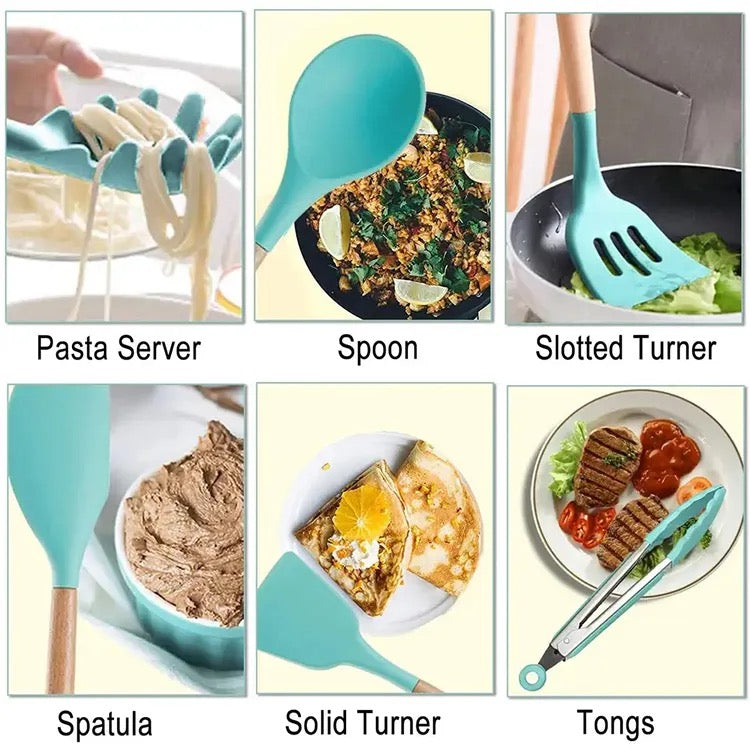 Set 12 ustensile de gătit din silicon, mâner rezistent din bambu