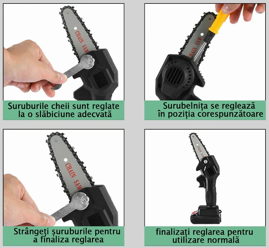 Mini drujba cu lant, fara fir, lama 4 inch, portabila, cu 2 acumulatori 48V + 2 lanturi