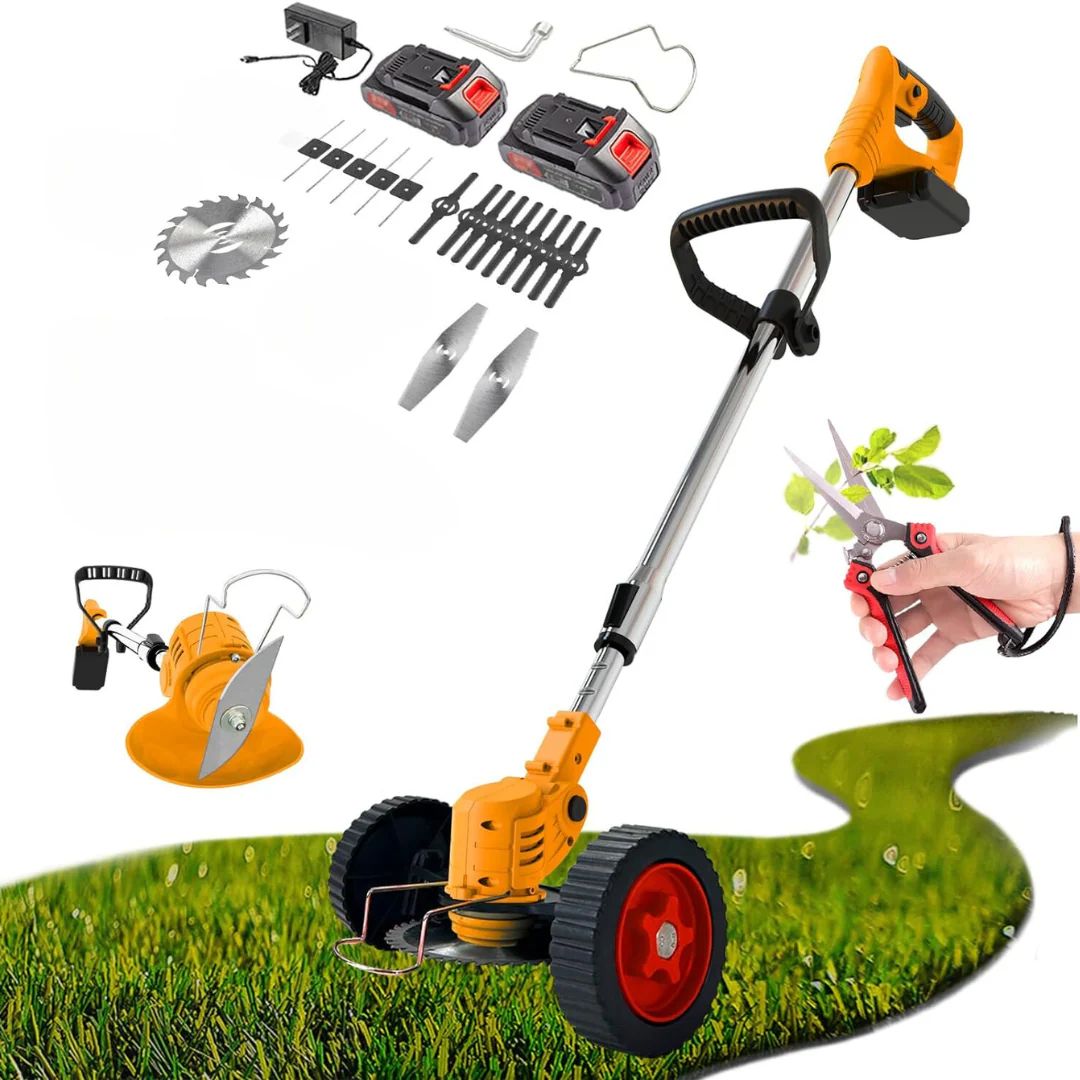 Motocoasă Electrică cu 2 Acumulatori 48V și Set Roți Detașabile, 4000 mAh, 18000 RPM, Disc + 2x Lamă + 5x palete INCLUSE