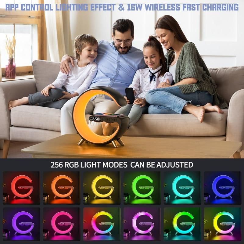 Stație încărcare wireless 3 în 1 cu lampă RGB și boxă Bluetooth, control aplicație