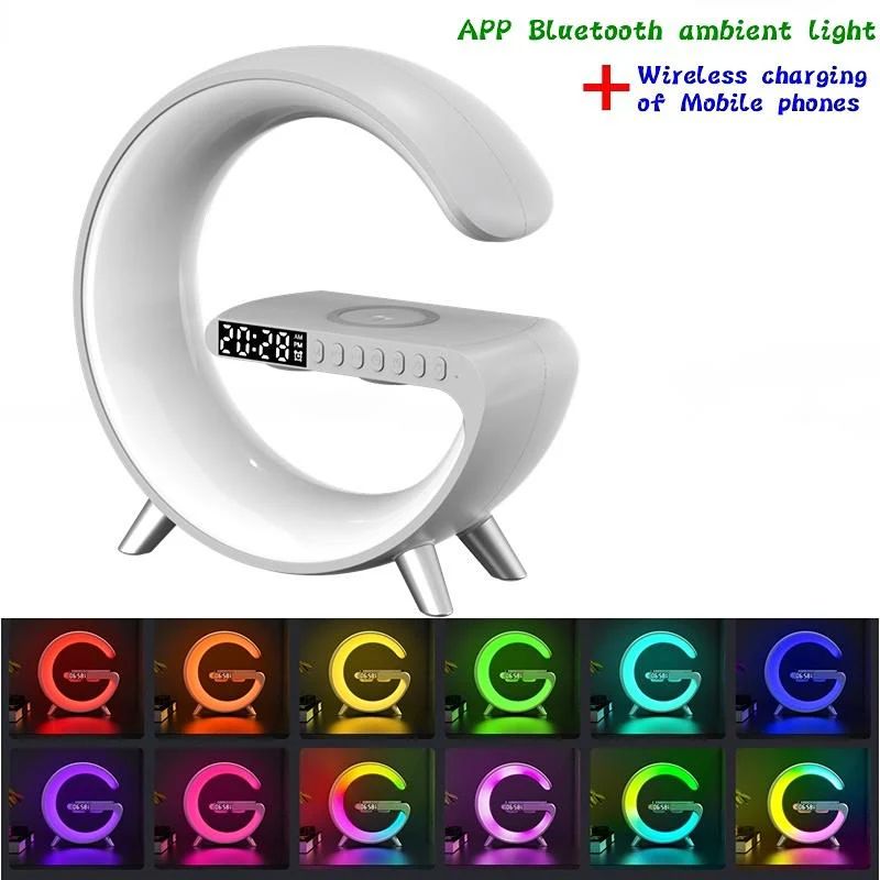 Stație încărcare wireless 3 în 1 cu lampă RGB și boxă Bluetooth, control aplicație