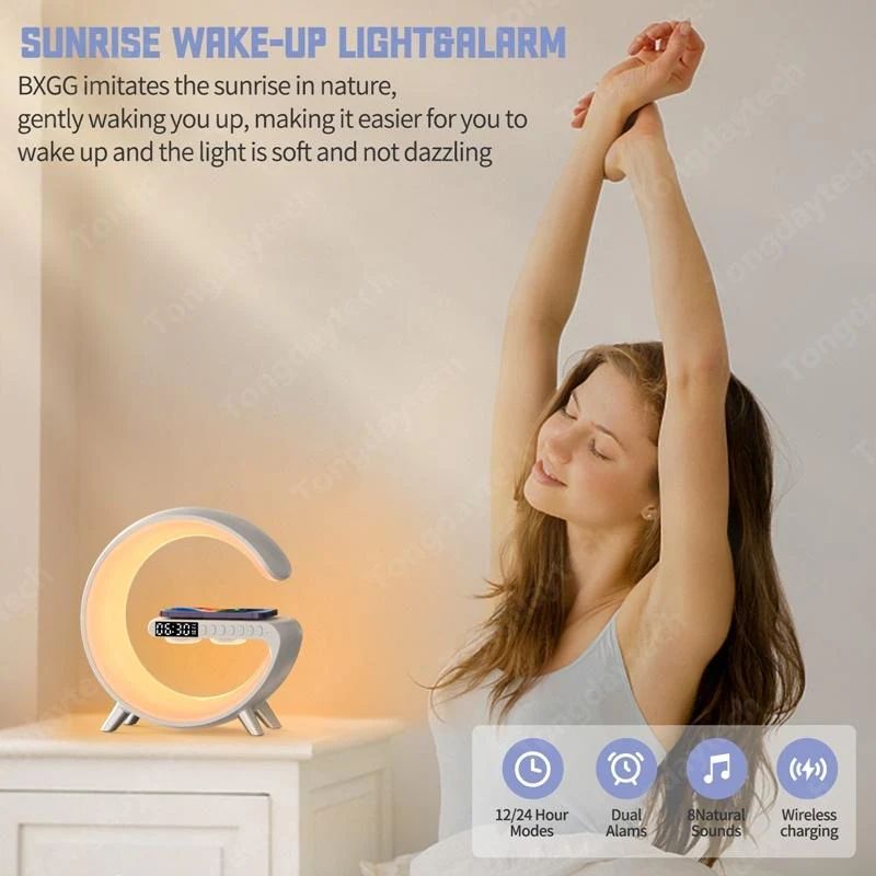 Stație încărcare wireless 3 în 1 cu lampă RGB și boxă Bluetooth, control aplicație