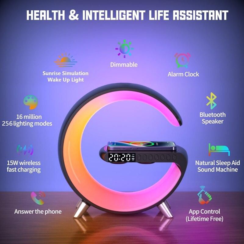 Stație încărcare wireless 3 în 1 cu lampă RGB și boxă Bluetooth, control aplicație