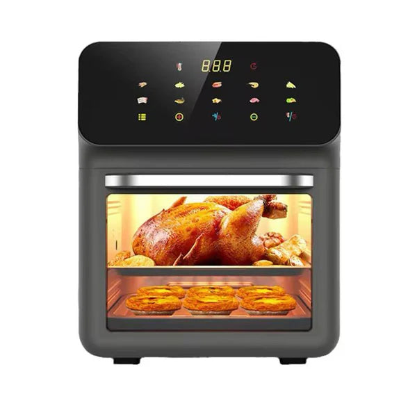 Friteuza cu aer cald Hoffmans cu geam 12L, 2400W, 10 Programe, Multifunctional, Temperatura Ajustabila, Ecran cu Touch Screen, Manusa si 2 Tavi