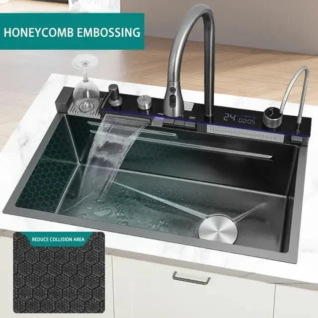 Chiuvetă multifuncțională cu 2 cascade, accesorii incluse, afișaj digital al temperaturii și robinet cascadă – Negru/Grafit, 790x500mm