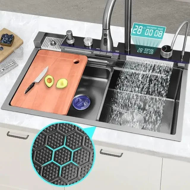 Chiuvetă multifuncțională cu 2 cascade, accesorii incluse, afișaj digital al temperaturii și robinet cascadă – Negru/Grafit, 790x500mm