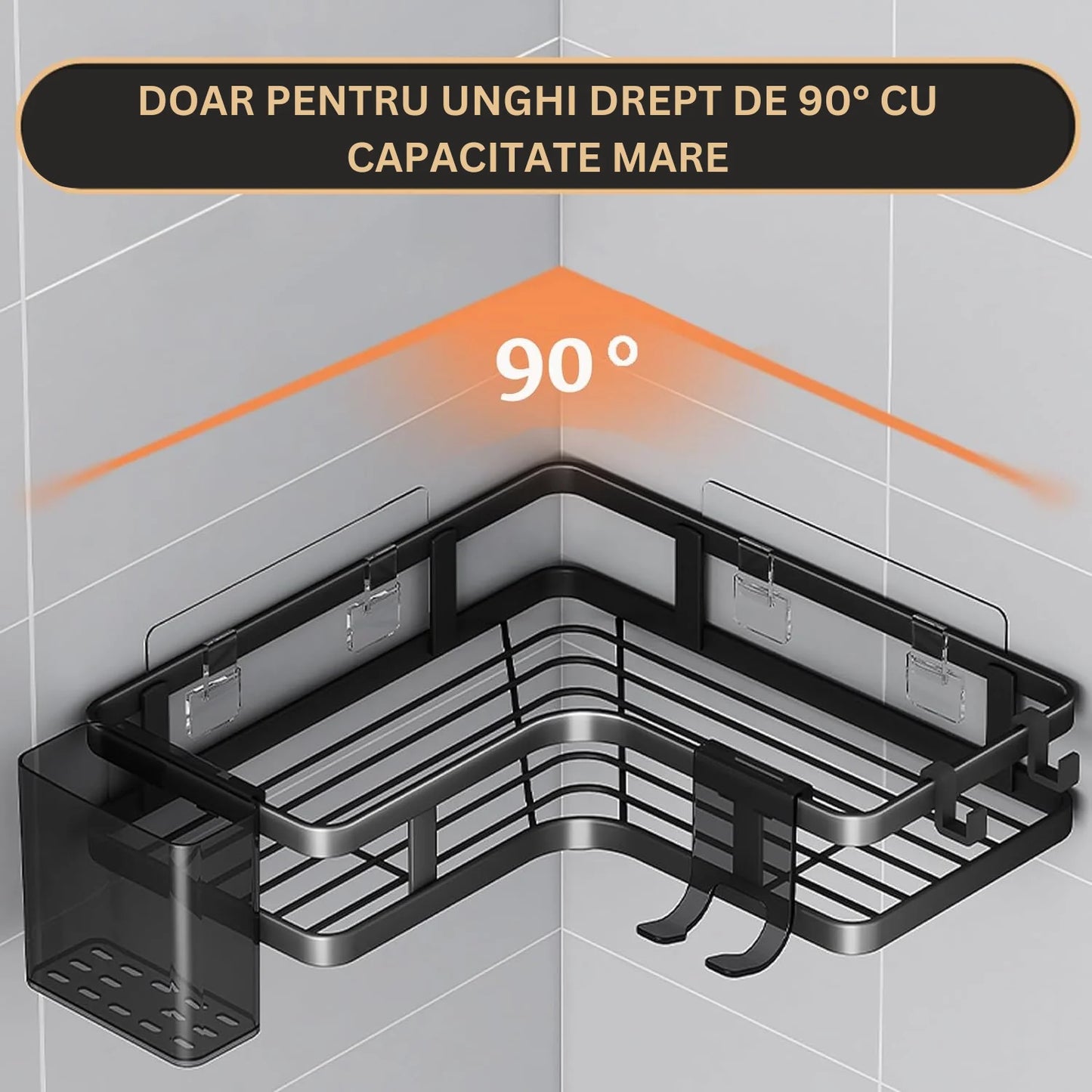 Set 2 rafturi de colț pentru duș – montaj cu adeziv, fără găurire, din metal negru cu suporturi pentru periuță și pastă de dinți