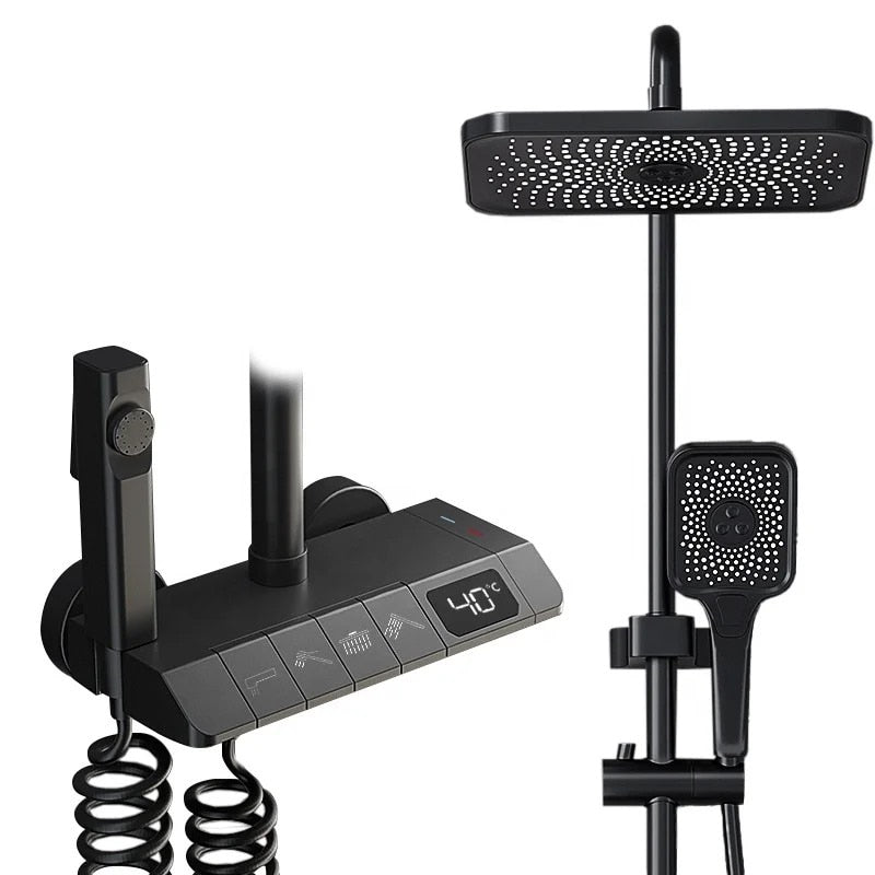 Set de duș cu pară dreptunghiulară, afișaj digital, 4 moduri de curgere, montaj pe perete – Gri, design modern