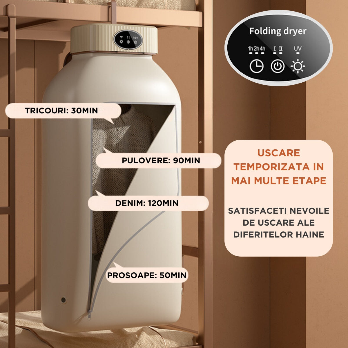 Uscator de rufe incorporabil, 10Kg, control touch screen, pliabil, protectie supraincalzire, culoare kaki, 110x41x125cm