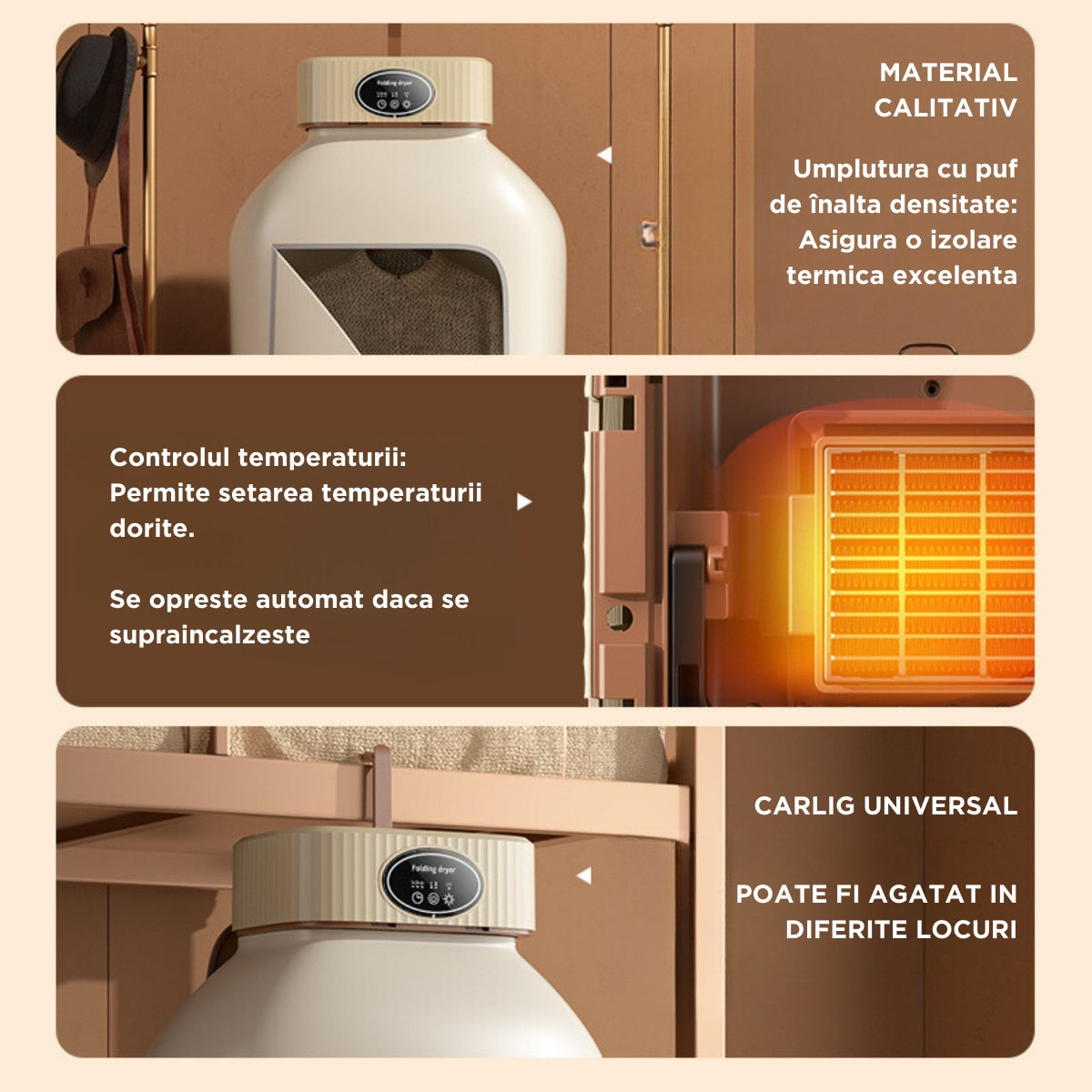 Uscator de rufe incorporabil, 10Kg, control touch screen, pliabil, protectie supraincalzire, culoare kaki, 110x41x125cm