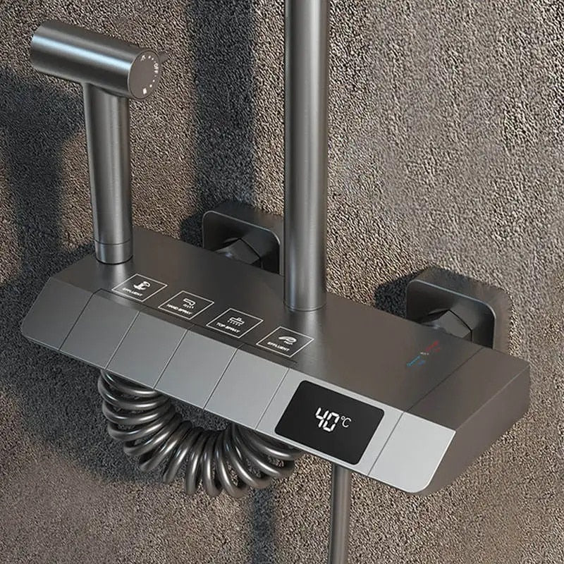Set de duș cu pară dreptunghiulară, afișaj digital, 4 moduri de curgere, montaj pe perete – Gri, design modern
