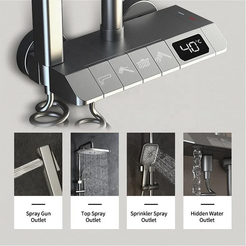 Set de duș cu pară dreptunghiulară, afișaj digital, 4 moduri de curgere, montaj pe perete – Gri, design modern