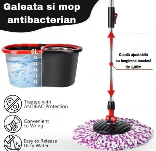 Set Mop Magic Rotativ 360 cu Talpa și Cuva din Inox, 4 Rezerve Diferite + Perie Rosturi, Covoare Incluse