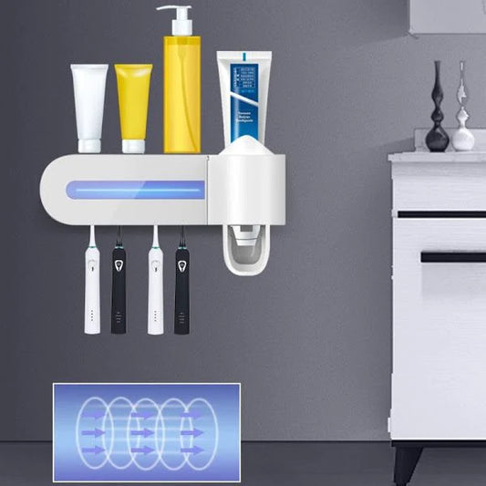 Suport pentru periuțe de dinți 3 în 1 – sterilizator antibacterian cu lumină ultraviolete, suport 4 periuțe și dispenser pastă de dinți