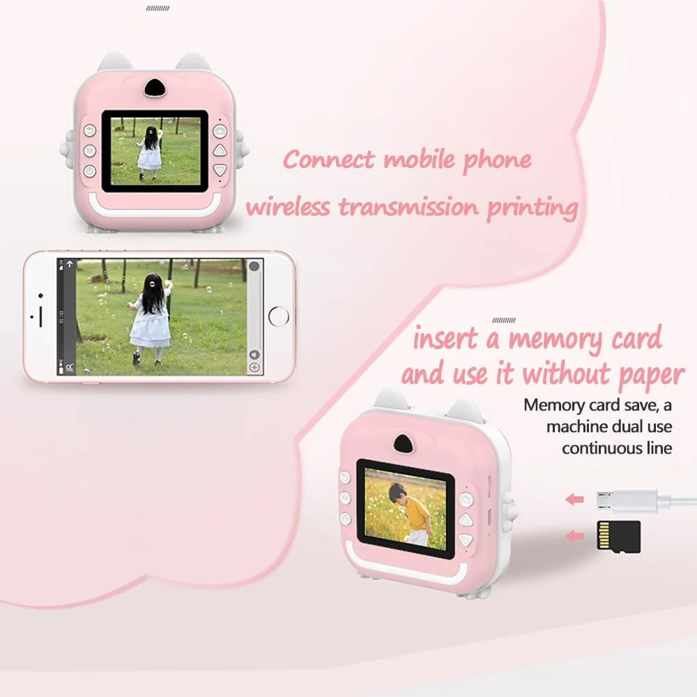 Aparat foto digital cu imprimare termică pentru copii, focalizare automată, display color de 2,4 inch 1080P Full HD