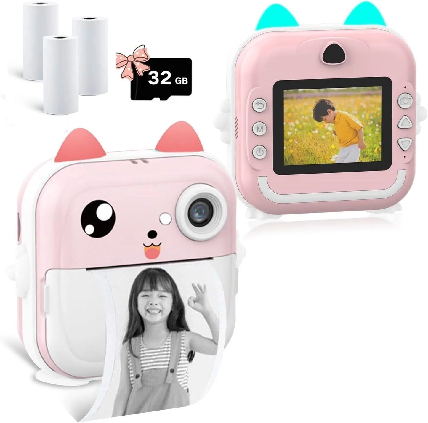 Aparat foto digital cu imprimare termică pentru copii, focalizare automată, display color de 2,4 inch 1080P Full HD