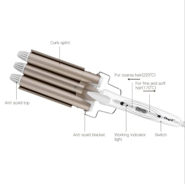 Ondulator de păr cu 3 tuburi, 25 mm, temperatură reglabilă 170–220°C, încălzire rapidă