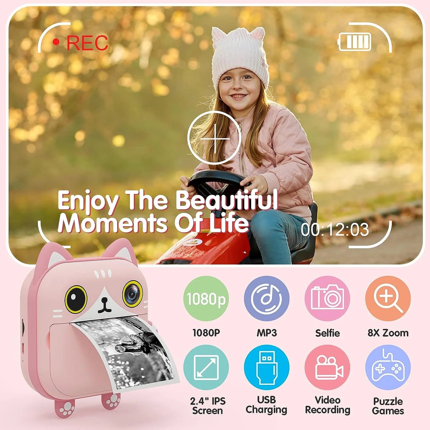 Aparat foto digital cu imprimare termică pentru copii, focalizare automată, display color de 2,4 inch 1080P Full HD