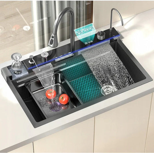 Chiuvetă multifuncțională cu 2 cascade, accesorii incluse, afișaj digital al temperaturii și robinet cascadă – Negru/Grafit, 790x500mm
