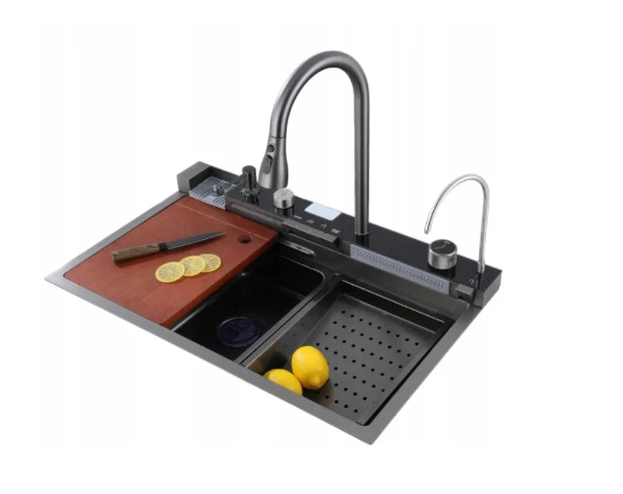 Chiuvetă multifuncțională cu 2 cascade, accesorii incluse, afișaj digital al temperaturii și robinet cascadă – Negru/Grafit, 790x500mm