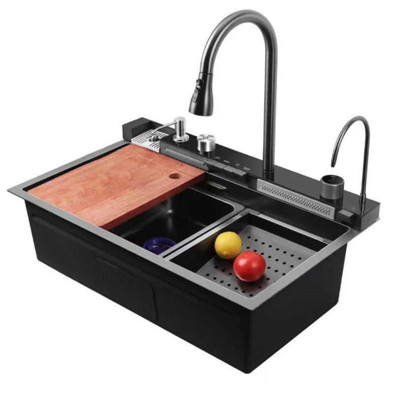 Chiuvetă multifuncțională cu 2 cascade, accesorii incluse, afișaj digital al temperaturii și robinet cascadă – Negru/Grafit, 790x500mm