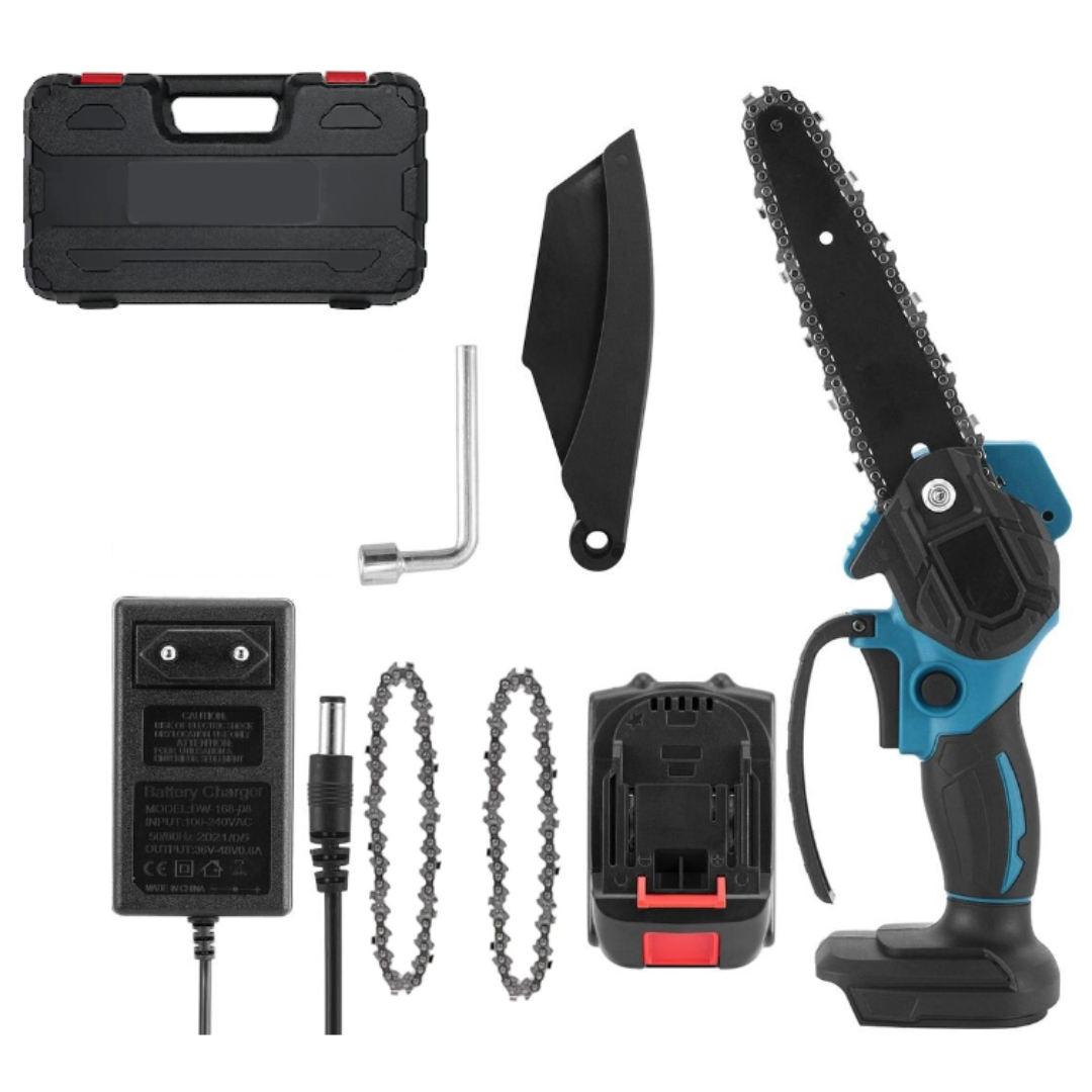 Mini drujbă cu lanț, fără fir, lamă 6 inch, portabilă, cu 2 acumulatori 48V + 2 lanțuri