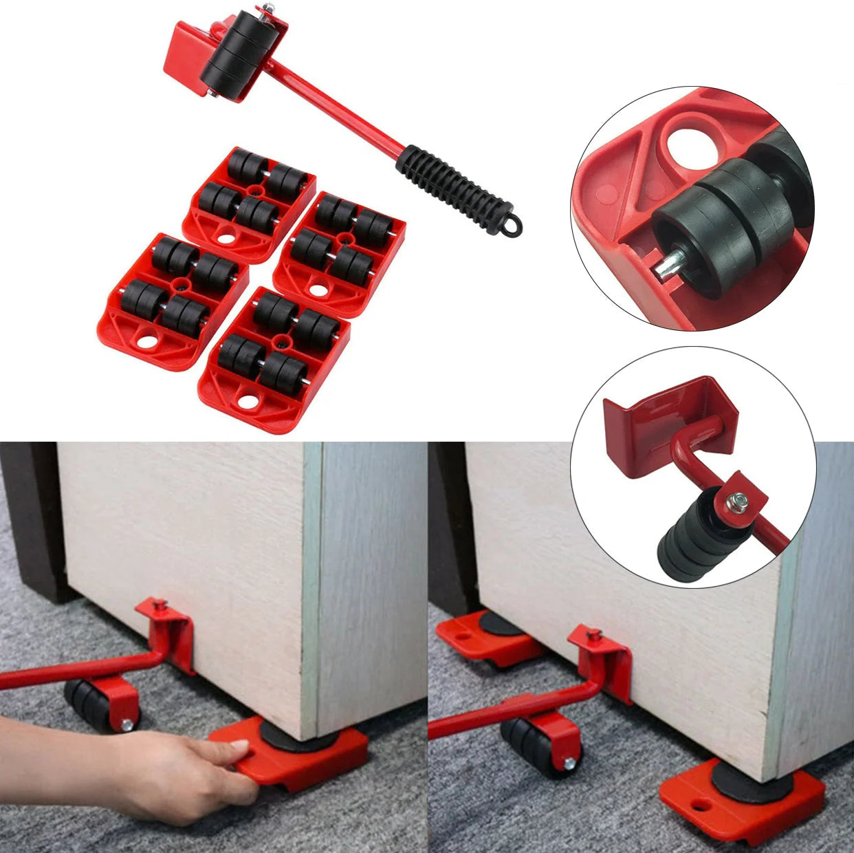 Sistem de mutat mobilier cu cric și 4 suporturi cu roți, capacitate 150 kg