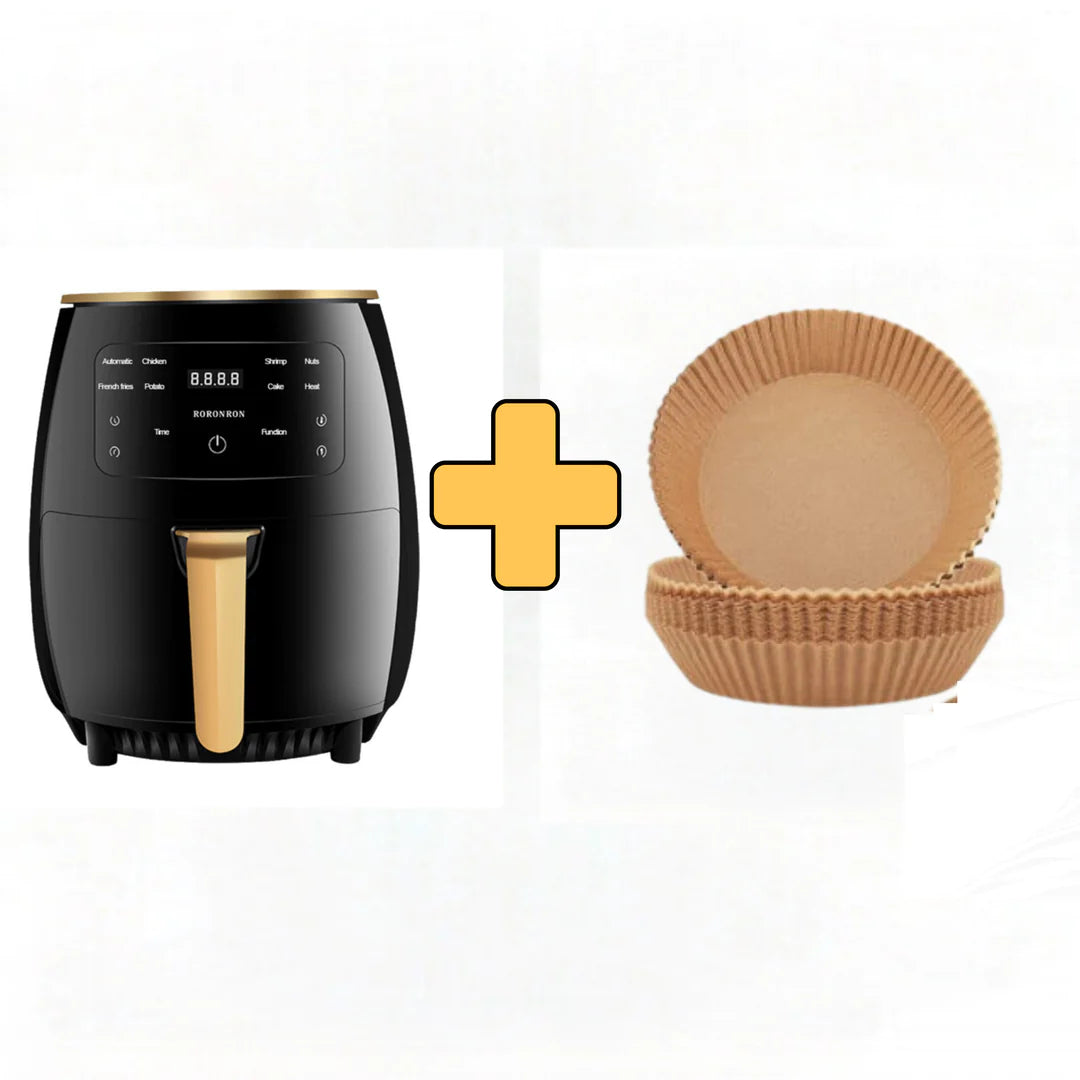 Friteuză cu Aer Cald, Fara Ulei, Air Fryer capacitate 6L, Ecran Digital, Functie de Coacere + SET 100 Hartii de Copt