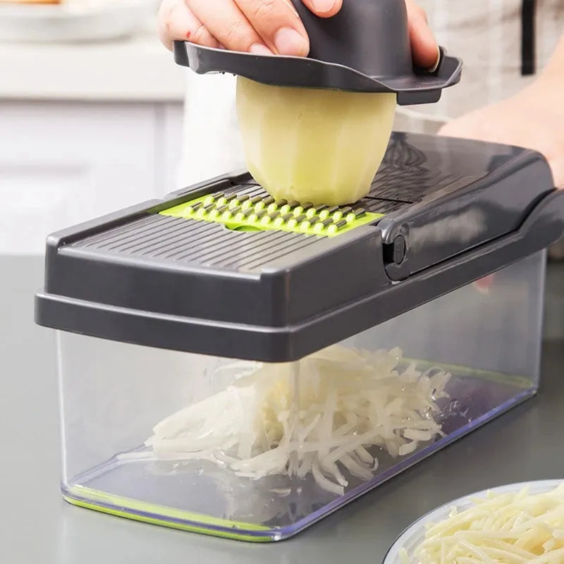 Răzătoare multifuncțională legume și fructe – 14 piese, lame inox, mâner și protecție