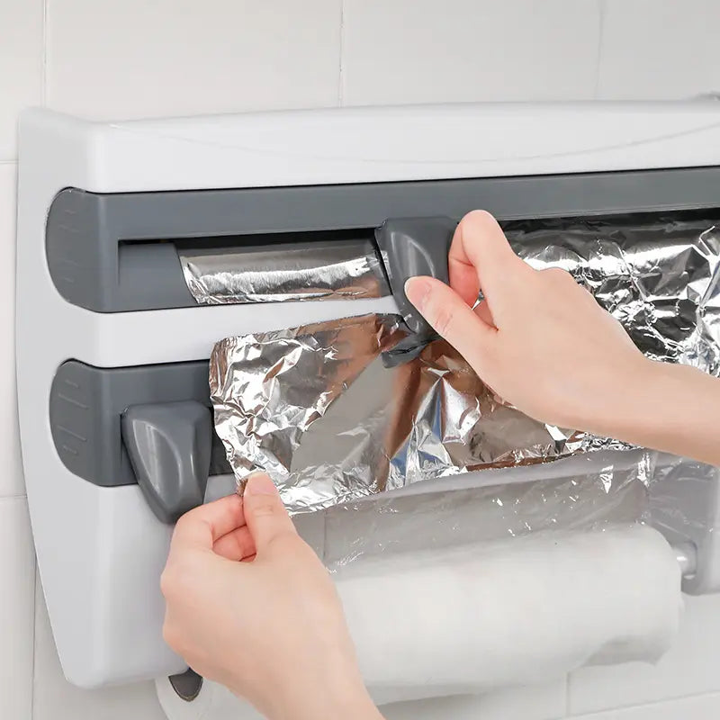 Dispenser de bucătărie 4 în 1 pentru folie alimentară, rolă de hârtie și folie de aluminiu