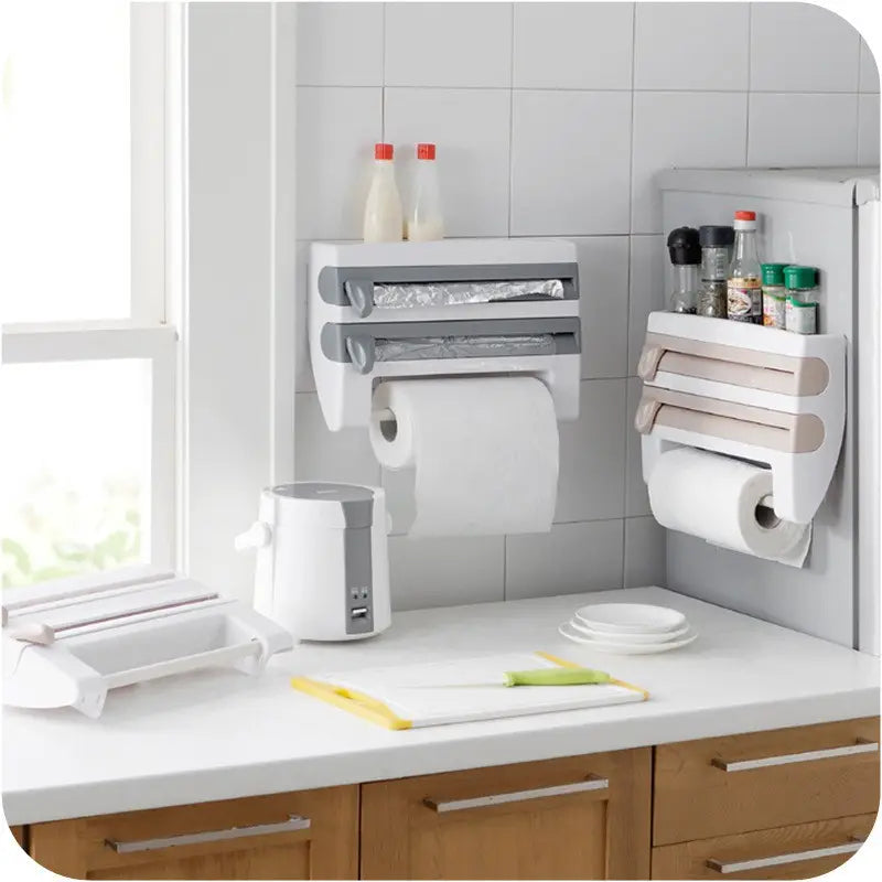 Dispenser de bucătărie 4 în 1 pentru folie alimentară, rolă de hârtie și folie de aluminiu