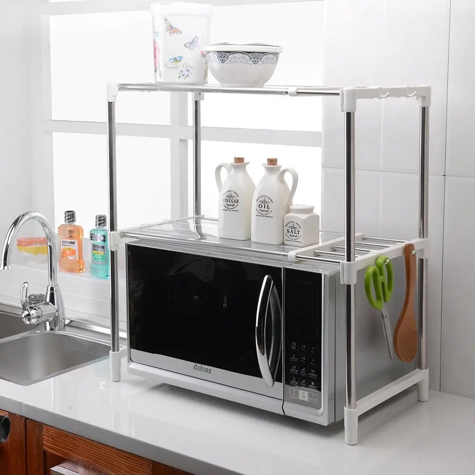 Raft extensibil tip etajeră pentru cuptorul de microunde – organizator blat bucătărie, birou, baie