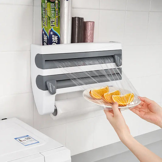 Dispenser de bucătărie 4 în 1 pentru folie alimentară, rolă de hârtie și folie de aluminiu