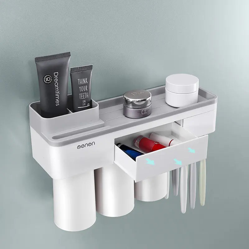 Suport organizator dispenser pentru baie – 3 pahare + suport telefon + 6 periuțe de dinți