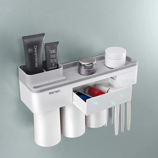 Suport organizator dispenser pentru baie – 3 pahare + suport telefon + 6 periuțe de dinți