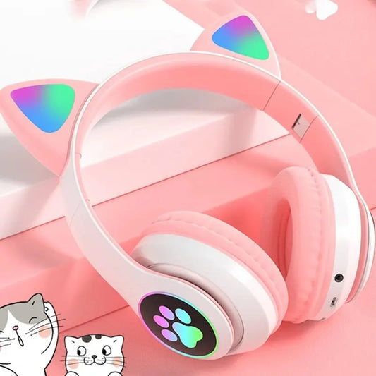 Casti wireless pliabile cu urechi de pisica iluminate LED, Bluetooth 5.0, Bass Stereo