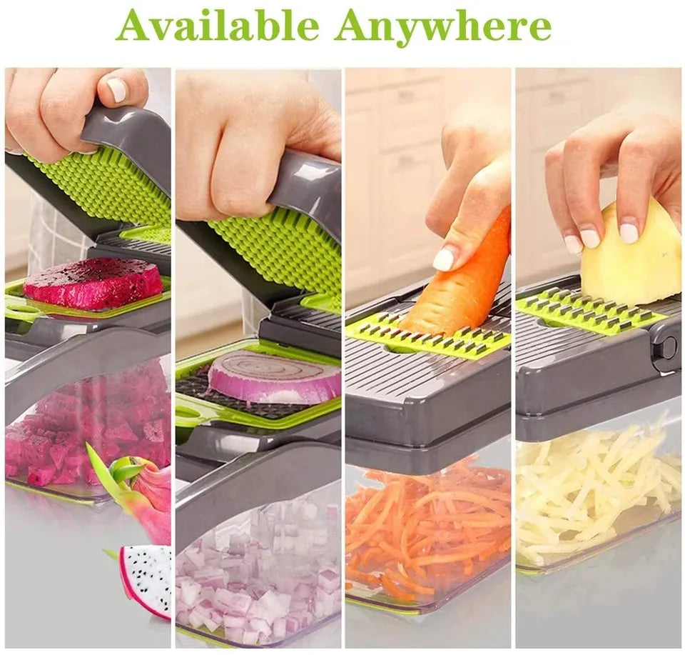 Răzătoare multifuncțională legume și fructe – 14 piese, lame inox, mâner și protecție