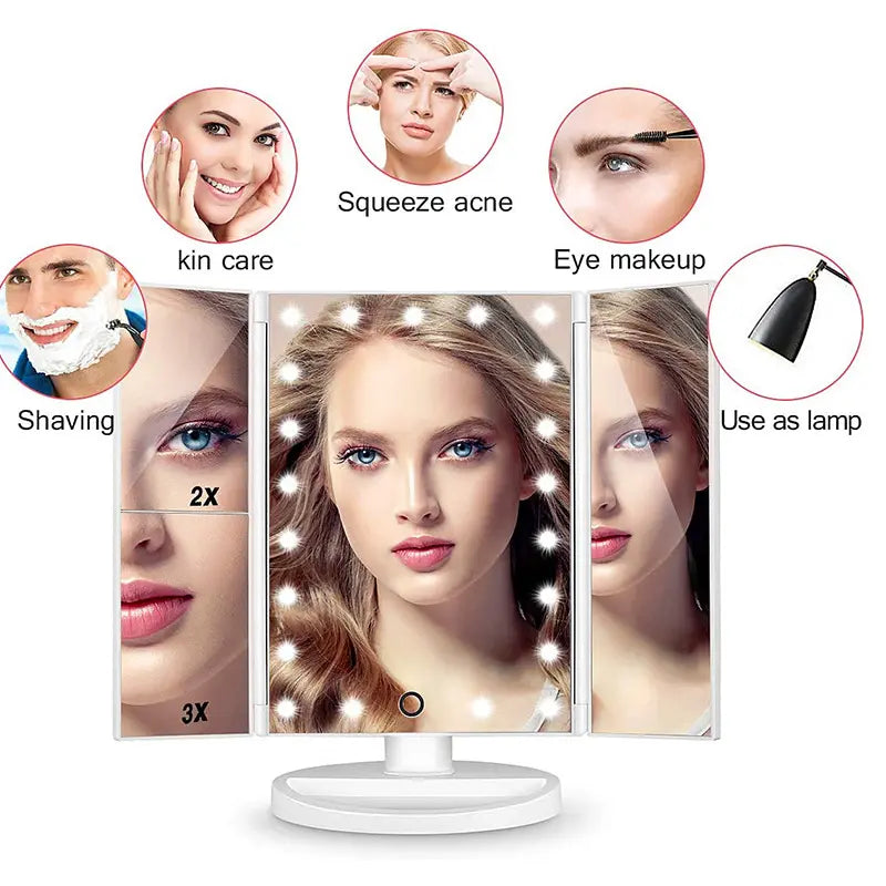 Oglindă cosmetică LED extensibilă – mărire 2x și 3x, control tactil, rotație 180°