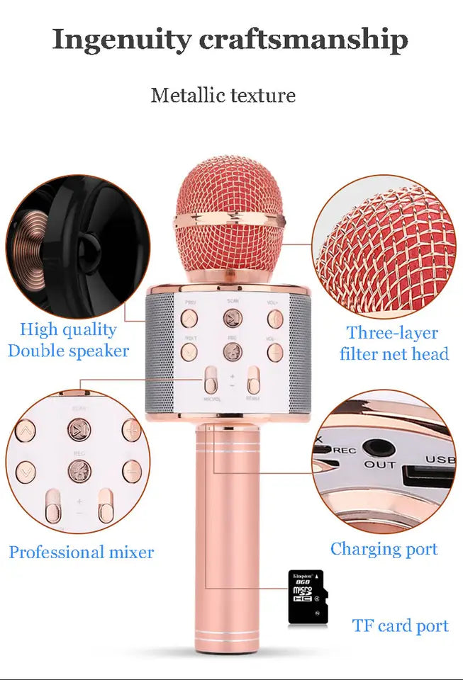 Microfon karaoke fara fir, acumulator incorporat, compatibil iOS, Android, PC și tablete