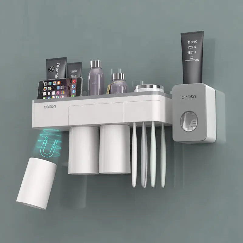 Suport organizator dispenser pentru baie – 3 pahare + suport telefon + 6 periuțe de dinți