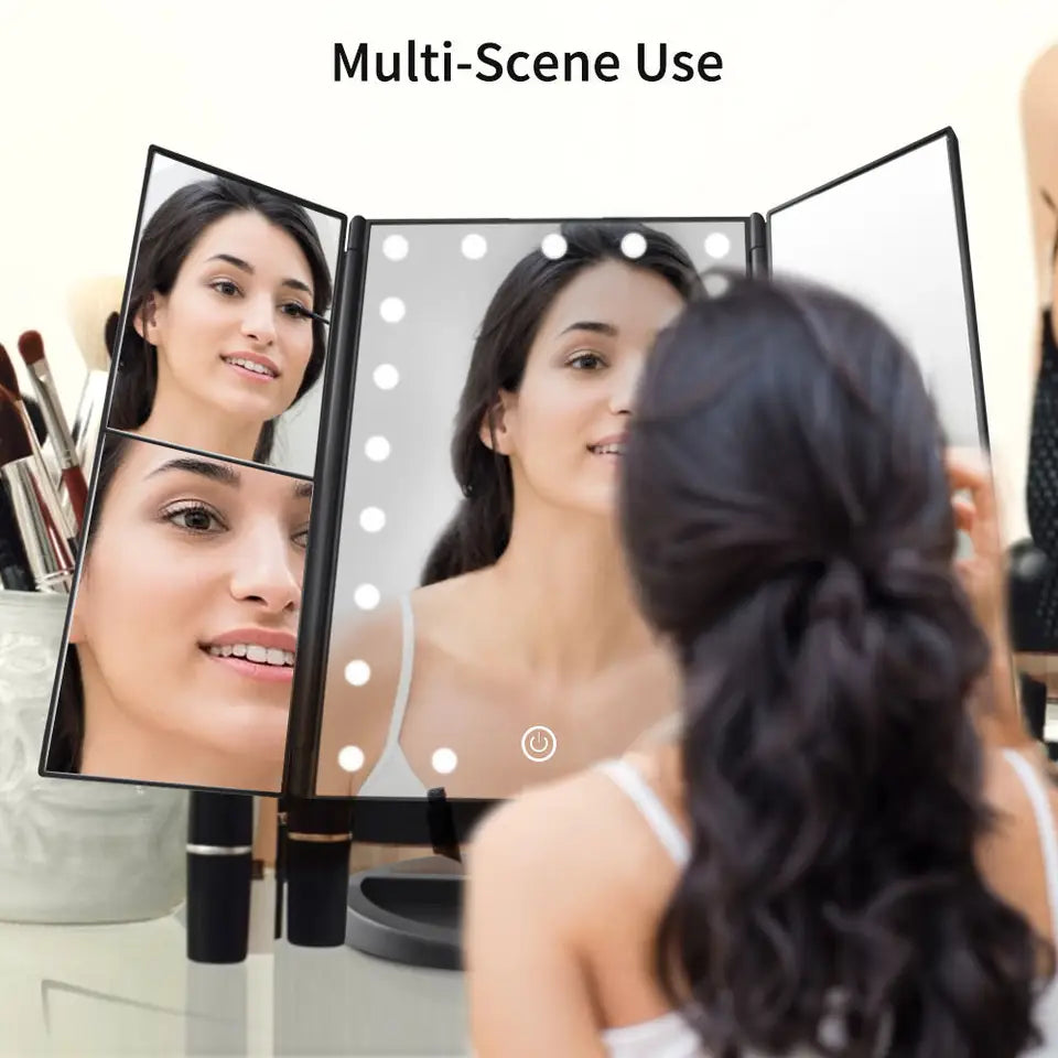 Oglindă cosmetică LED extensibilă – mărire 2x și 3x, control tactil, rotație 180°