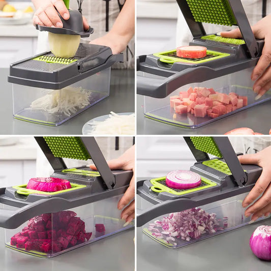 Răzătoare multifuncțională legume și fructe – 14 piese, lame inox, mâner și protecție