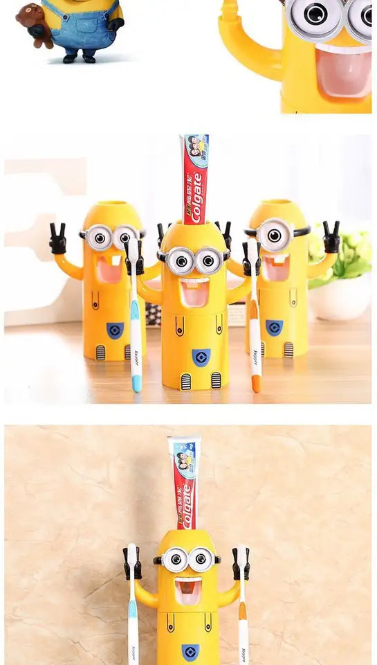 Dozator pastă de dinți cu suport pentru 2 periuțe, model Minions