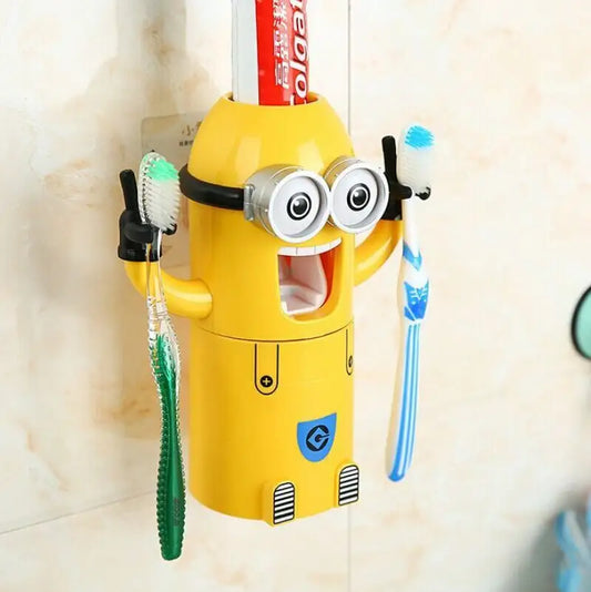 Dozator pastă de dinți cu suport pentru 2 periuțe, model Minions