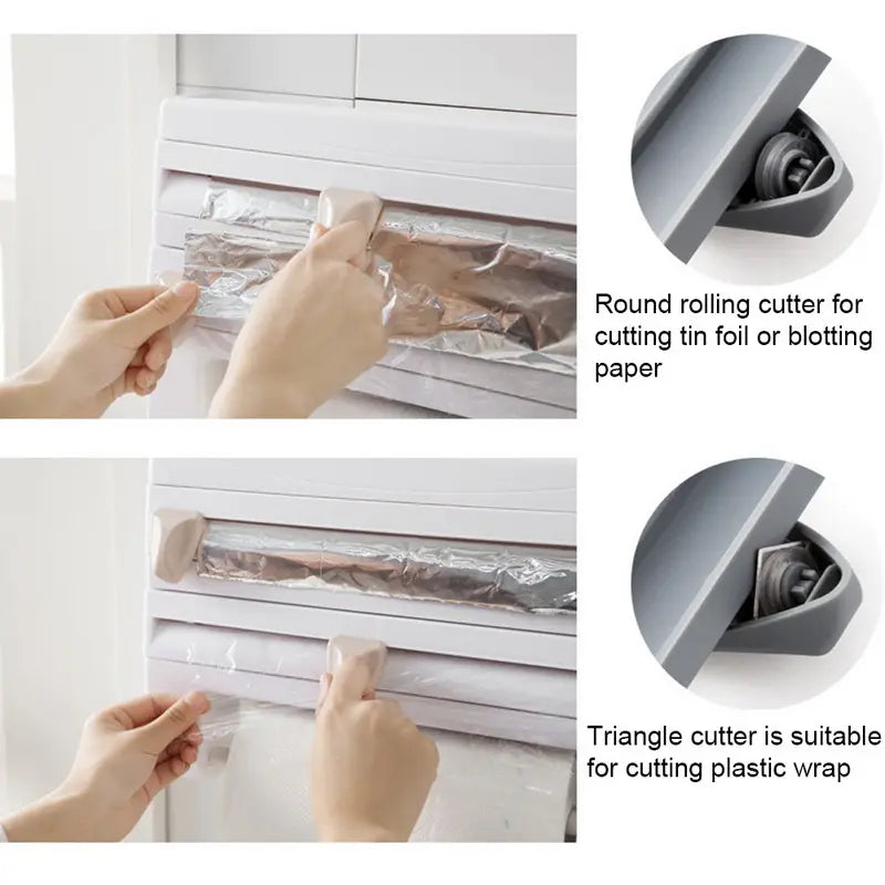 Dispenser de bucătărie 4 în 1 pentru folie alimentară, rolă de hârtie și folie de aluminiu