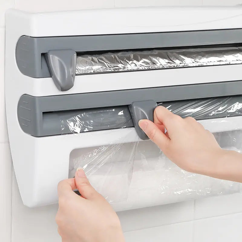 Dispenser de bucătărie 4 în 1 pentru folie alimentară, rolă de hârtie și folie de aluminiu